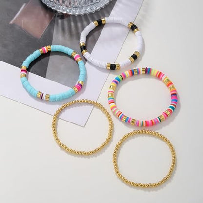 Friendship Bracelets for Women - Heishi Surfer Colorful Smile Evil Eye Clay Beaded Stretch Bracelets Elastic Layering - Stackable Boho Disc Y2K Aesthetic Summer Jewelry Set. - color: D-Clay 5pc - Colorful