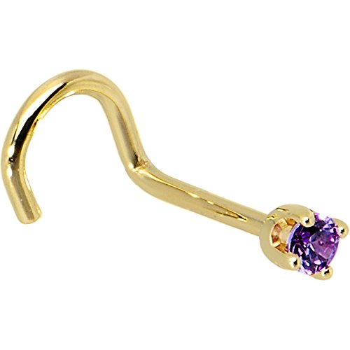 Body Candy Solid 14k Yellow Gold 2mm Purple Cubic Zirconia Right Nose Stud Screw 20 Gauge 1/4"