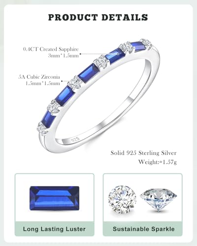 925 Sterling Silver 1.5mm Thin Baguette Stackable Rings for Women | Created Ruby/Sapphire/Emerald/Cubic Zirconia,Dainty Wedding Band Birthday Anniversary Jewelry(with Gift Box) - color: 05-Created Sapphire & CZ