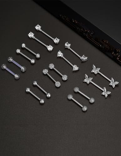 Akeoqi 8 Pairs Nipple Rings Tongue Ring 14G Stainless Steel CZ Ball Heart Butterfly Nipple Straight Barbells Body Piercing Jewelry for Women Men Silver Rose Gold Plated 14mm - color: B:Silver, size: 14mm