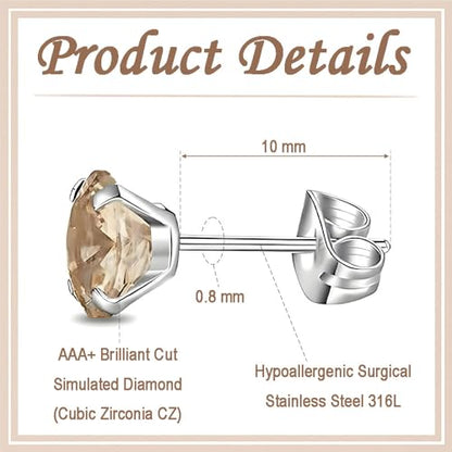 12 Pairs Stud Earrings Set, Hypoallergenic Surgical Stainless Steel 316L Earring for Women Men, Small Earring Studs Pack with Cubic Zirconia - color: Champagne-6 Sizes-3，4，5，6，7，8