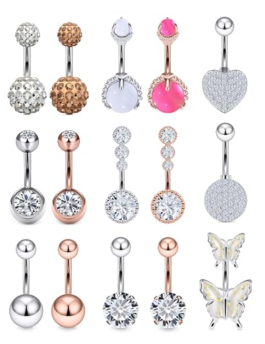 Vsnnsns 14G Belly Button Ring Piercing Jewelry 316L Stainless Surgical Steel Heart CZ Pearl Butterfly Flower Navel Rings Dangle Belly Button Ring Navel Piercing Jewelry for Women Men Hypoallergenic - color: Silver&Rose Gold B