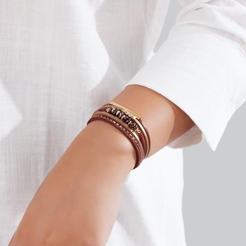 Boho Gemstone Beaded Leather Wrap Bracelets Stackable Chunky Cuff Bracelet Western Jewelry Cowboy Chic Country Concert Outfits for Women - color: Burgundy