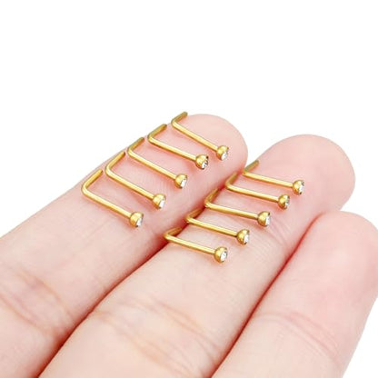 Hoeudjo Nose Studs Surgical Steel Cubic Zirconia Nose Rings Kit for Women Men Tiny Nose Stud Bone & Screw & L Shaped Nostril Piercing Jewelry 18/20/22/24 Gauge 10 Pieces - color: gold-tone,L-shaped nose studs, size: 20g/2mm clear CZ