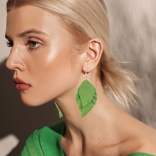 Handmade Bohemian Large Soft Genuine Leather Fringe Double Feather Dangle Drop Earrings Lightweight Simple Color PU Leaf Hook Earrings for Women - color: Green