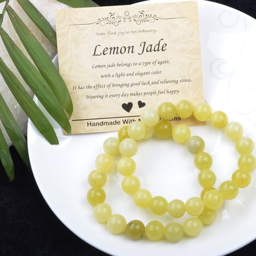 Natural Healing Gemstone Bracelet Handmade Yoga Stretch Elastic Bracelet Stress Relief Crystal Jewelry for Men and Women - color: Lemon Jade(Good Mood), size: 10mm