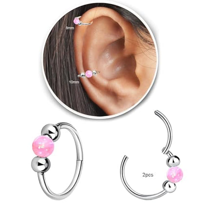 2 Pcs Small Cartilage Hoop Earrings for Women Men, 18G Opal Silver Earrings Hypoallergenic 316L Surgical Steel Hinge Huggie Hoop Earrings for Helix,Tragus,Conch,Rook,Earlobe Piercing Jewelry Nose Ring - style: 1Pc8mm+1Pc10mm Pink Opal/Silver