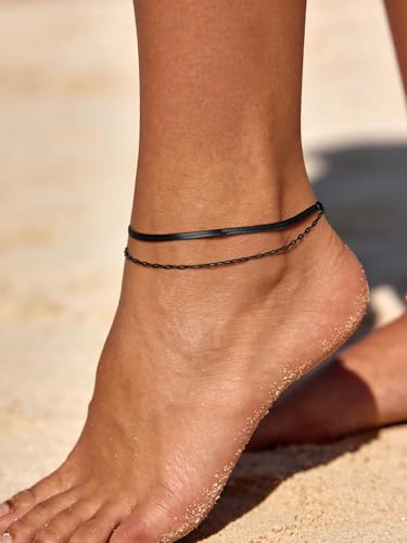 U7 Silver/Gold/Black Ankle Bracelets for Women Layered Chain Anklets | Stainless Steel Anklets Waterproof Summer Beach Anklet Charm, Adjustable 8.5"-10.5",Layered Anklet Fashion - color: Black - Flat Snake Chain+Paperclip Chain