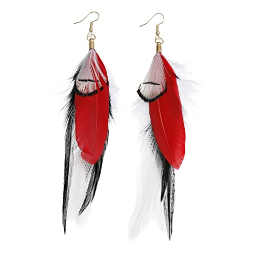 Long Bohemian Pheasant Feathers Statement Earrings Handmade Natural Lightweight Feather Dangle Earrings for Women (ea000067) - color: Red&Black