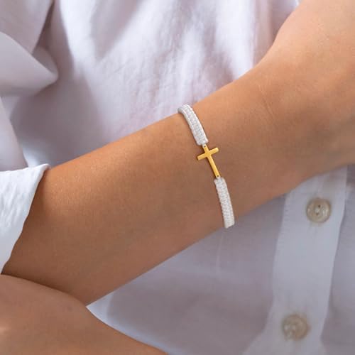 Initial Bracelets for Women Teen Girls Handmade Rope Braided Bracelet for Men Jewelry Birthday Graduation Mother's Day Gifts for Mom Wife Girlfriend Her Friends - style: 9 white-silver cross