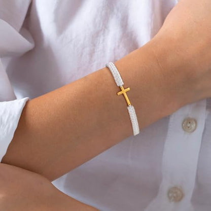 Initial Bracelets for Women Teen Girls Handmade Rope Braided Bracelet for Men Jewelry Birthday Graduation Mother's Day Gifts for Mom Wife Girlfriend Her Friends - style: 9 white-silver cross