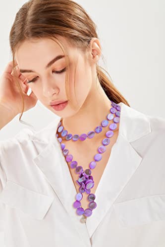Firstmeet Flat Round Coin Shell Beads Long Knotted Necklace Natural Mother of Pearl Handmade Jewelry For Women - color: Purple AB