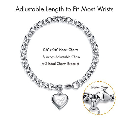 TONY & SANDY Initial Charm Bracelets for Girls Women Stainless Steel A-Z Bracelet Personalized Gifts Birthday Graduation Easter Basket Stocking Stuffers for Teens Girls Women Jewelry - style: A - Heart