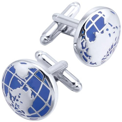 World Map Unique Cufflinks for Men Classic Round Blue Globe Earth Cufflinks in Gift Case for Wedding Business French Cuff Shirt | Mens Women Cuff Links Set Jewelry for Wedding Party Daily Office Formal Casual Wear Business Tuxedo Dress, Come with Gift Box