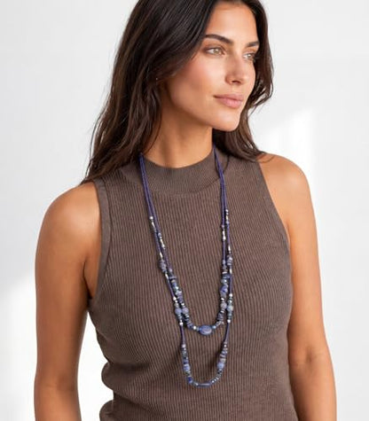 Noessla Boho Long Beaded Necklaces for Women Double Layer Chunky Irregular Stone Beads Strand Statement Jewelry Mothers Day Gifts - color: Navy Blue