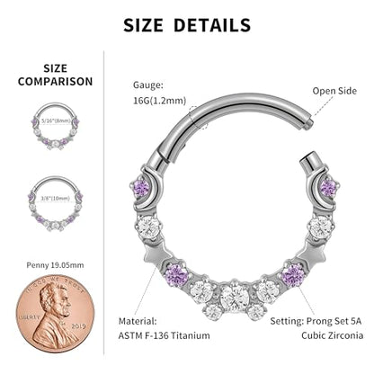 Celestial Titanium Hoop Collection - 16G 8mm/6mm ASTM F136 Titanium Star & Moon Daith, Cartilage, Septum Piercing Jewelry - Seamless Hinged Clicker Hoops - color: Star and Moon - Tit, size: 16G(1.2mm), 3/8"(10mm)