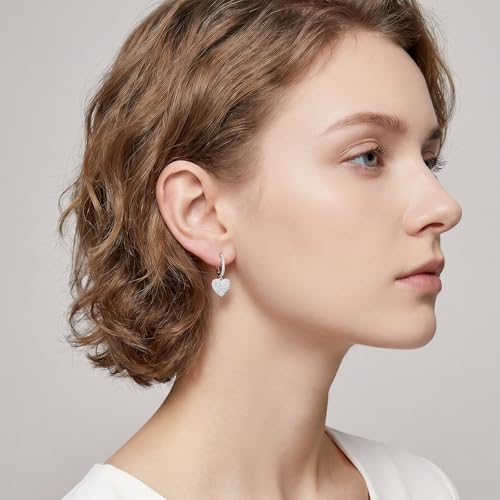 SAVORI 14K Gold Plated Sterling Silver Pave CZ Heart Huggie Hoop Earrings, Hypoallergenic Romantic Dangle Jewelry Gifts for Women - color: Silver