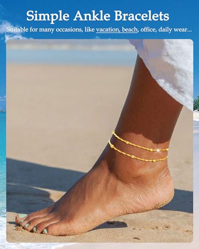 Gold Silver Ankle Bracelets for Women Waterproof 14K Gold Plated Anklets for Women Non Tarnish Dainty Layered Beaded Heart Anklet Set Summer Beach Foot Chain Jewelry Gifts Trendy Stuff - color: D- Ankle Bracelets- Gold