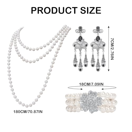 1920s Pearl Jewelry Set - Long Pearl Necklace, Earring Set, Multilayer Bracelet - Flapper Accessories for Women - color: Retro