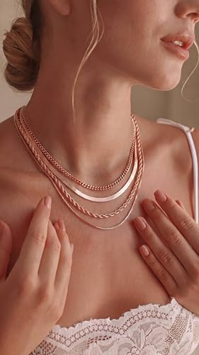Tewiky Layered Necklaces for Women 14k Gold Plated Chain Necklace Set | Chunky Herringbone/Snake/Rope/Box/Cuban Link Chain for Women, Layering Stack Choker Necklace, Dainty Jewelry Set Non Tarnish - color: 4 Layered Necklace Rose Gold