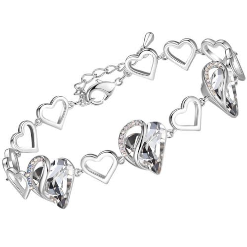 Leafael Infinity Love Heart Gift Bracelet for Women, Birthstone or Healing Stone Crystal, Silver Tone Birthday Jewelry for Her, Mom, and Wife, 7-inch Chain and 2-inch Extender - color: 04a-April-Clear White Crystal