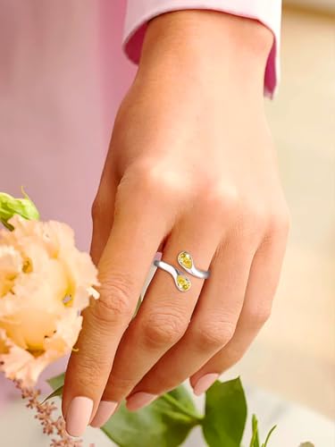 Bestyle Silver Birthstone Ring for Women, Dainty Sterling Silver Teardrop Ring Open Adjustable Band Ring, Love Statement TOI et Moi Ring Promise Ring for Her - color: 11.November ( Citrine)