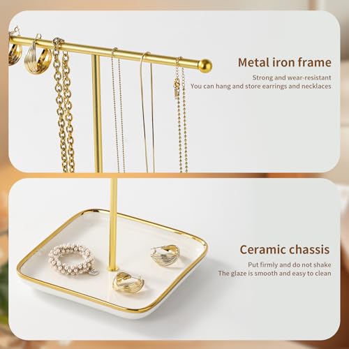 modern T-shaped jewelry rack, jewelry tower, gold metal, square ceramic base decoration display tower, necklace, bracelet, ring storage rack (1-layer ceramic disc) - style: 1-layer ceramic disc