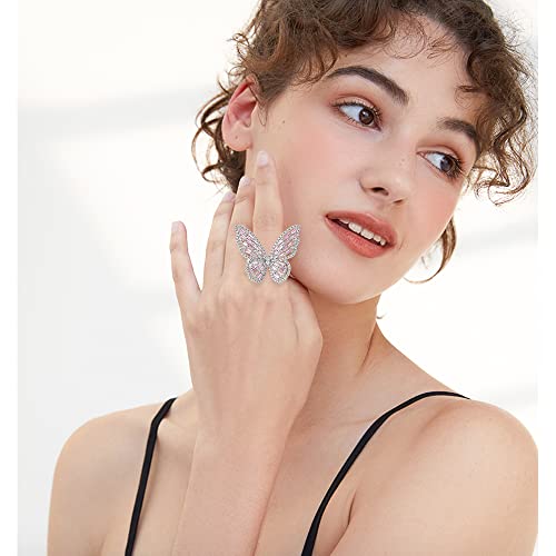Butterfly Rings for Women Adjustable Golden Cocktail Ring Sparkly Stones Statement Silver Bow Open Wrap Bow Jewelry Bridesmaids Wedding Valentine’s Day Gift Lover Mother - color: JZ03-Silver Pink