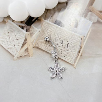 14G Crystal Flower Dangle Belly Button Ring for Women Stainless Steel Rhinestone Fashion Statement Lucky Floral Dangling Charm Curved Barbell Navel Rings Simple Sexy Summer Beach Body Piercing Jewelry - color: Silver