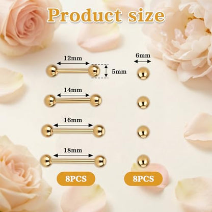 Gold Tongue Ring, 8Pcs 14G Stainless Steel Straight Nipple Barbells | Short Long Tongue Rings Gold Bridge Piercing Jewelry for Women Men, 12/14/16/18mm