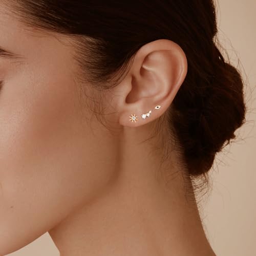 JIAYIQI Minimalist 925 Sterling Silver Stud Earrings Set, 14K Gold Plated Hypoallergenic Tiny Bar Dot Heart Star Studs for Women & Men - style: Gold-Devil's Eye-1 Pair