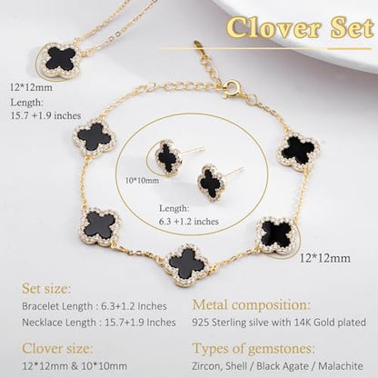 925 Sterling Silver Four Leaf Clover Bracelet – Real Silver Lucky Clover Jewelry for Women, Dainty Good Luck Gift for Her - color: Gold – Black Onyx Set