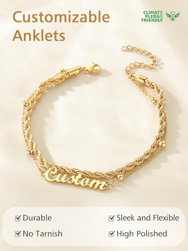 FindChic Custom Ankle Bracelets for Women, Stainless Steel Figaro/Cuban/Wheat/Rope/Herringbone Chain Anklets, Beach Foot Jewelry 8.5''-10.5'' Adjustable & Waterproof, with Gift Box - style: Rope Chain-Gold