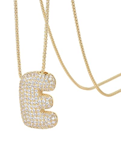 PAVOI 14K Gold Plated Cubic Zirconia Bubble Letter Initial Necklaces for Women | Gold Balloon Necklace Letter | Chunky Pendant Necklaces - style: -E