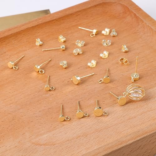 12Pcs Gold Earrings Making Supplies Flat Studs Post with Loop Ear Backs | Hypoallergenic 3/4/5mm Ball/Flat Stud Post Replace Butterfly Ear Backs for Dangle Charm Pendant Earring Jewelry Making Set - color: Flat_Gold