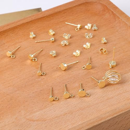12Pcs Gold Earrings Making Supplies Flat Studs Post with Loop Ear Backs | Hypoallergenic 3/4/5mm Ball/Flat Stud Post Replace Butterfly Ear Backs for Dangle Charm Pendant Earring Jewelry Making Set - color: Flat_Gold