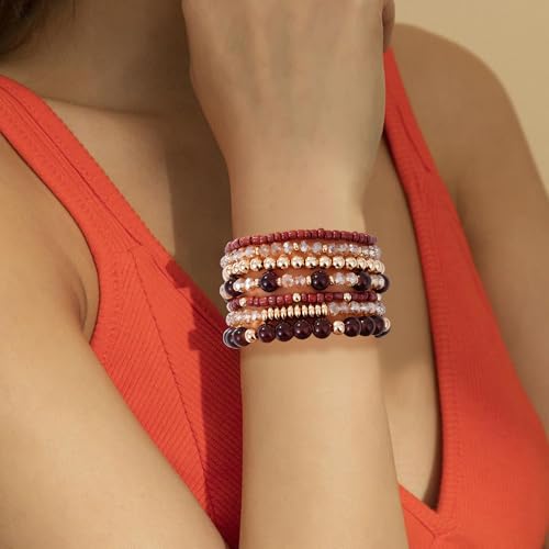 Boho Beaded Stretch Bracelets For Women Stackable Crystal Gold Plated Beaded Bracelets Set Trendy Handmade Friendship Braeclet Jewelry Gifts - color: A-Brown Set