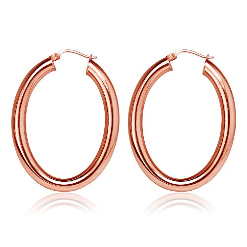 Hoops & Loops 925 Sterling Silver 4.5mm Thick Oval Diamond-Cut Hoop Earrings, 25mm 30mm, Silver, Yellow Gold, Rose Gold & Black - color: Rose Gold 30mm-1.2''
