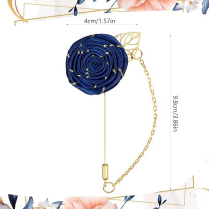 Gold Lapel Pin for Men, Gold Foil Brooch Men's White Flower Satin Lapel Pin with Metal Chain for Suits Professional Tuxedo Groom Wedding Brooch - color: Navy Blue