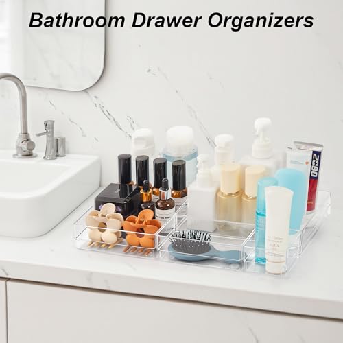 SMARTAKE 7 PCS Drawer Organizer, 4-Size Desk Drawer Organizer Trays | Storage Tray with Non-Slip Silicone Pads for Makeup, Jewelries, Utensils in Bedroom Dresser, Office and Kitchen (Clear) - style: 7 PCS