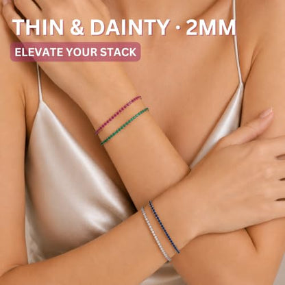 Tennis Bracelets for Women 2mm Dainty 14K Gold Plated CZ | 5A cubic zirconia, 4 prong sparkle, birthstone colors, 6.5-7.5 inches, fold over clasp, tarnish resistant, waterproof - color: Emerald Green