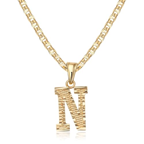 Barzel 18K Gold Plated Initial Necklace with Diamond Cut Initial, Waterproof, High Polish Finish, Made in Brazil - style: N