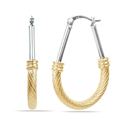 LeCalla 925 Sterling Silver Hoop Earrings for Women | Italian Design Classic Diamond-Cut Textured Hoops Earring | Women's Oval Drop Shape Silver Earring Jewelry - color: Large Two-Tone Textured
