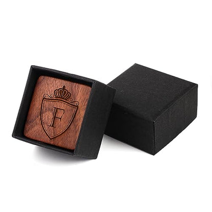 Mens Initial Silver Cufflinks A-Z Alphabet Letter Steel Cuff Links with Engraved Walnut Wood Box Groom Groomsman Wedding Set… - style: F