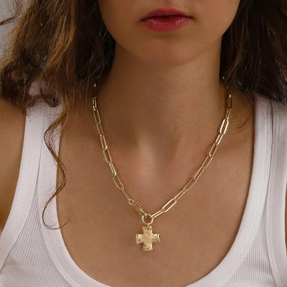 Bheop Chunky Cross Necklace for Women, 14K Gold Silver Statement Necklace | Sturdy Paperclip Chain, Hammered Pendant, Vintage Charm, Trendy Costume Jewelry, Faith Christian Religious Gift, Non Tarnish - style: GD-Cross Necklace(0.8 inch Pendant)