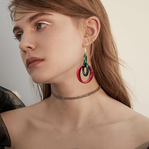 Bohemian Simplicity Acrylic Geometry Oval Circle Dangle Drop Earrings Lightweight Resin Chain Hook Earrings For Women - color: Red