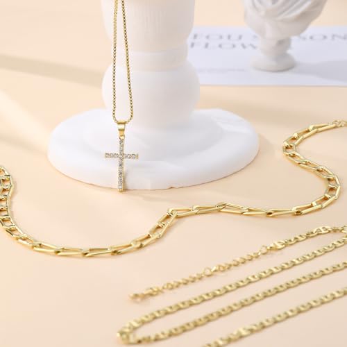 MFRYK Gold/Silver Necklaces Stack For Women,14K Gold/Sterling Silver Plated Simple Layered Choker Necklaces For Women,Stackable Multilayer Pearl Cross Disc Circle Pendant Cuban Herringbone Snake Paperclip Chain Necklaces Set Jewelry Gift for Women - style