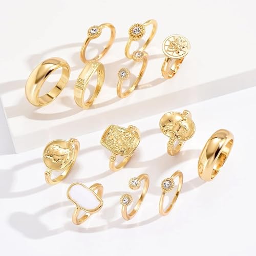 HUASAI Gold Stackable Rings Set for Women Boho Dainty Moon Star Pearl Leaf Cubic Zirconia Heart Midi Pinky Trendy Jewelry Birthday Gifts - color: F Gold 13 Pcs