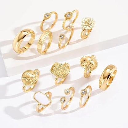 HUASAI Gold Stackable Rings Set for Women Boho Dainty Moon Star Pearl Leaf Cubic Zirconia Heart Midi Pinky Trendy Jewelry Birthday Gifts - color: F Gold 13 Pcs