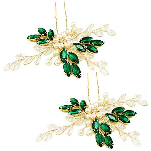 Bridal Emerald Green Crystal Gold Hair Pins Accessories for Prom, Pack of 2 | Fancy Wedding Pearl Green Rhinestone Flower Hair Pieces for Women and Girls